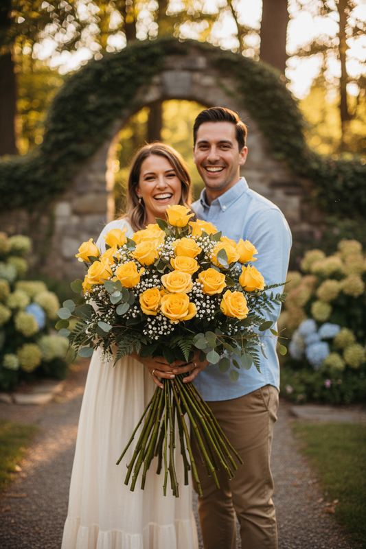 Tall yellow rose bouquet held by happy couple