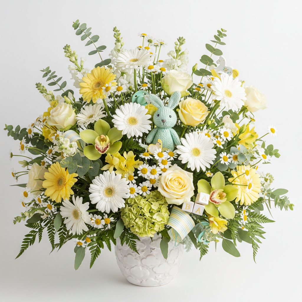 Bundle of Joy Bouquet with yellow, white, and mint green flowers