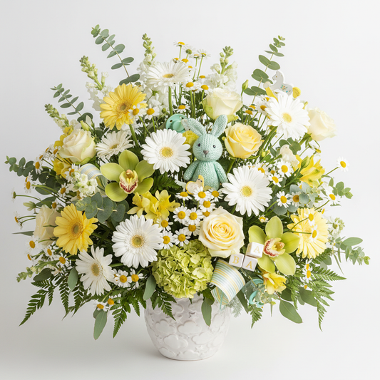 Bundle of Joy Bouquet with yellow, white, and mint green flowers
