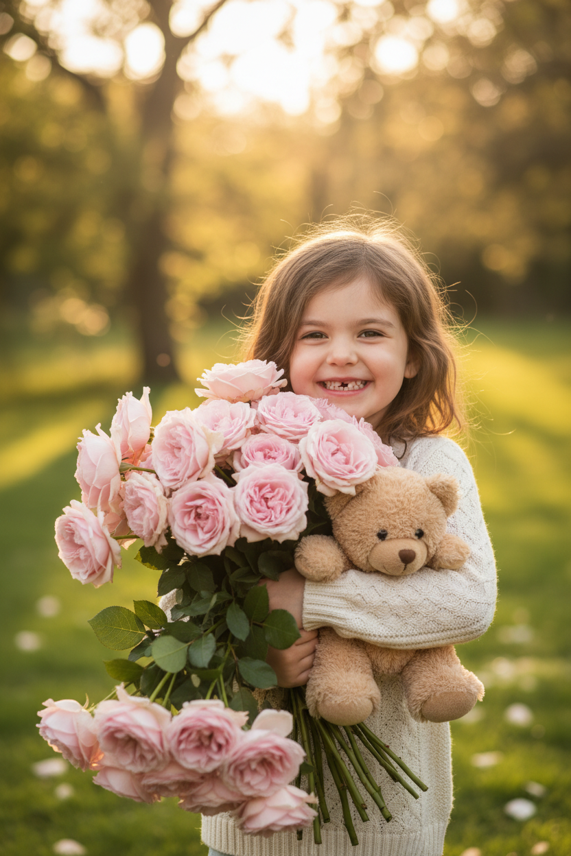 Pink Rose Bouquet with Child and Teddy Bear